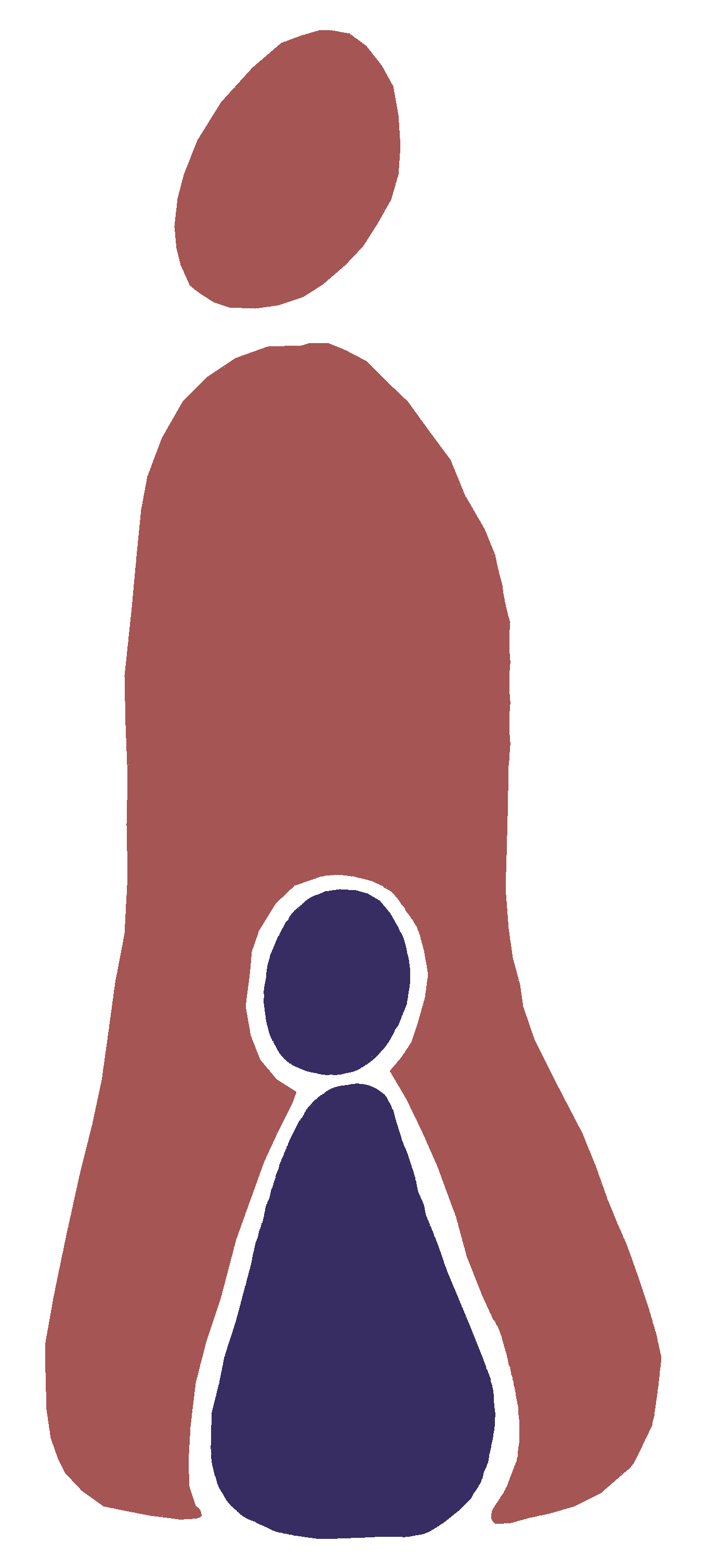 Illustration abstraite représentant une grande silhouette rouge-brun enveloppant une plus petite silhouette bleu-violet. L’image évoque la protection, l’écoute et la présence bienveillante d’un·e adulte auprès d’un·e enfant.